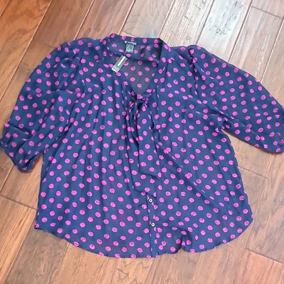 new directions Tops - NWT New Directions Sheer Navy Blouse with Pink polka-dots size 2X